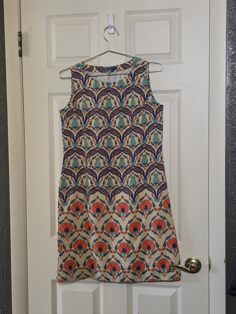 Sleeveless Printed Mini Dress in Cream, Teal & Coral